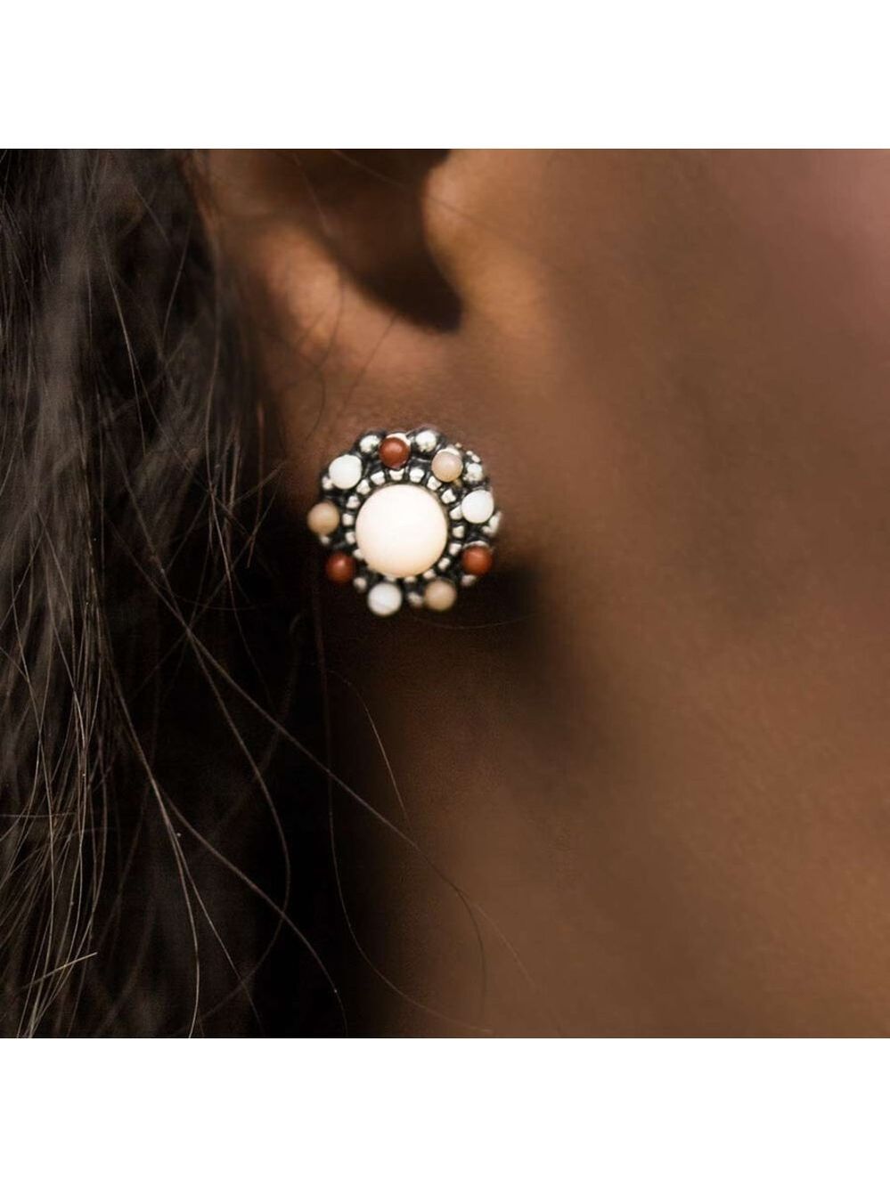 Paparazzi earrings brown tan cream silver beaded circle neutral earth tones NEW - Picture 3 of 6